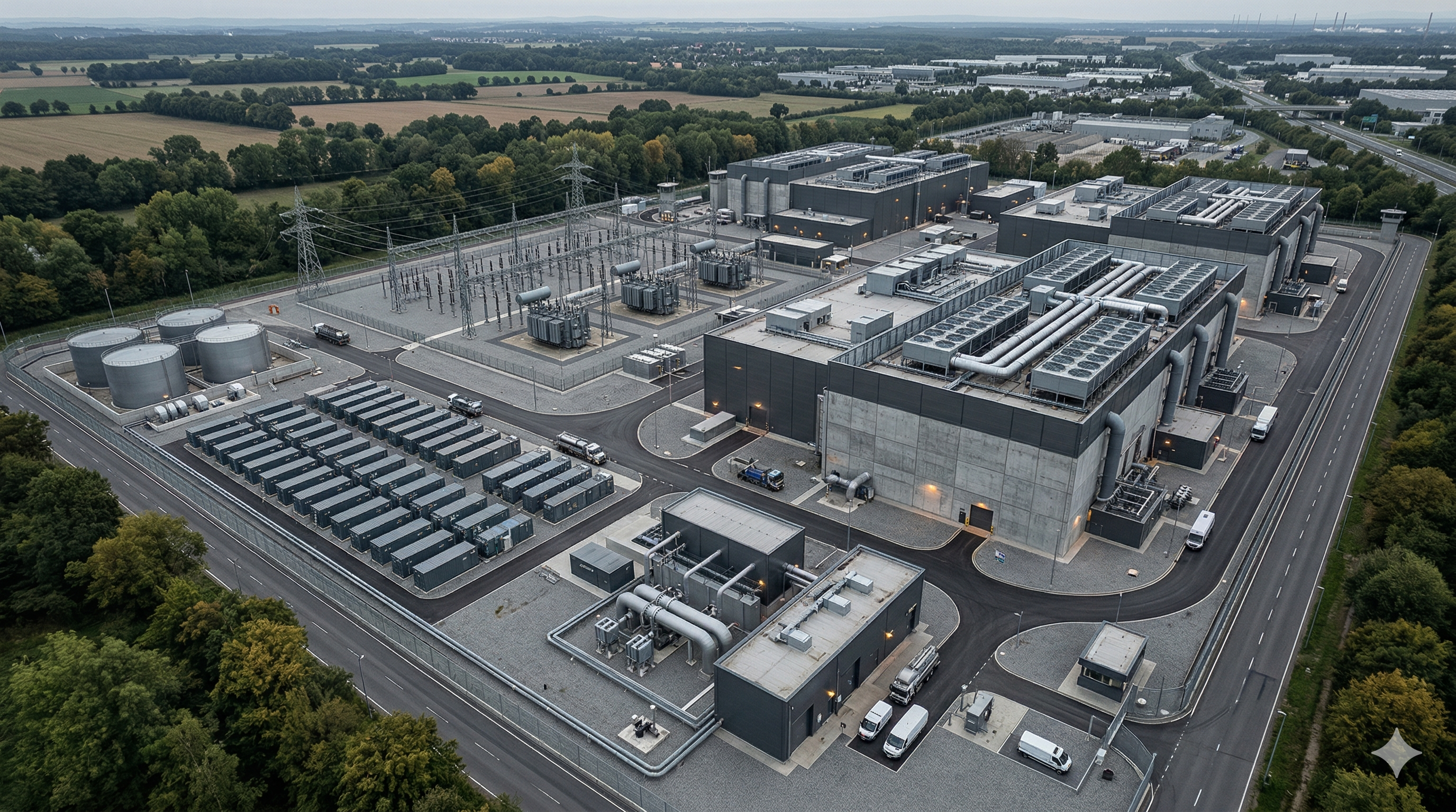 Large-scale AI data center infrastructure showing data halls, power equipment, and industrial support systems.